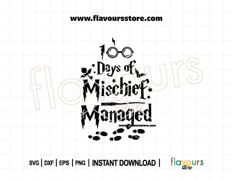 100 Days of Mischief Managed SVG file featuring wizard-style text, ideal for Cricut crafts, classroom shirts, and 100th day of school projects