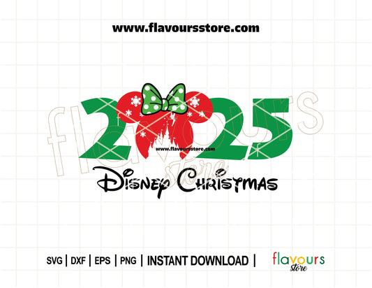 Minnie Mouse silhouette with red Christmas bow and Disney castle in the background, festive SVG cut file for Cricut and Silhouette, ideal for 2025 holiday crafts.