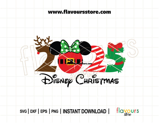 Minnie ears with a Santa hat and red bow in Christmas colors, festive Disney SVG for Cricut and Silhouette projects, ideal for 2025 holiday crafting.