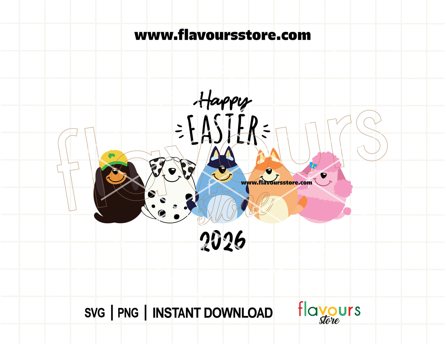 Bluey inspired Happy Easter SVG design for kids crafts, shirts, and Cricut projects with bunny ears and pastel designs