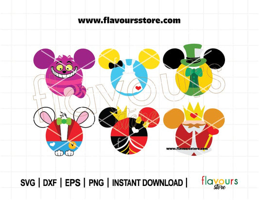 Alice Mouse Ears Bundle SVG | Cheshire Cat Svg | White Rabbit Svg | Mad Hatter Svg | Queen of Hearts Svg | Cut File For Cricut SVG