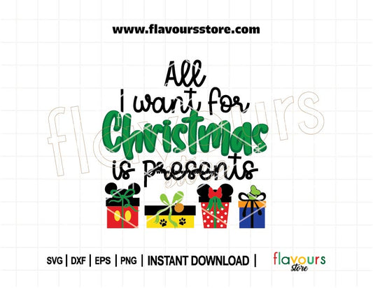 SVG design of Mickey, Minnie, and Pluto holding Christmas presents with festive text, ideal for Cricut holiday shirts and Disney-themed crafts