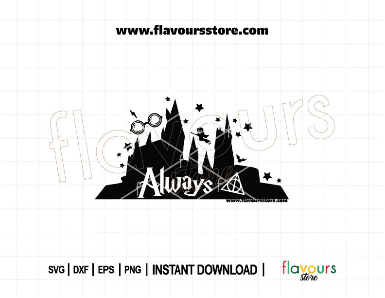 “Always” text with silhouette of Hogwarts Castle SVG, Harry Potter-themed cut file for Cricut and Silhouette crafts