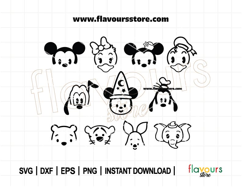 Baby Disney Characters Bundle, Mouse Friends Face Silhouette Bundle SVG, Cuties Friends Silhouette Svg, Sorcerer Hat, Pooh, Tigger, Donald, Svg Cut File For Cricut