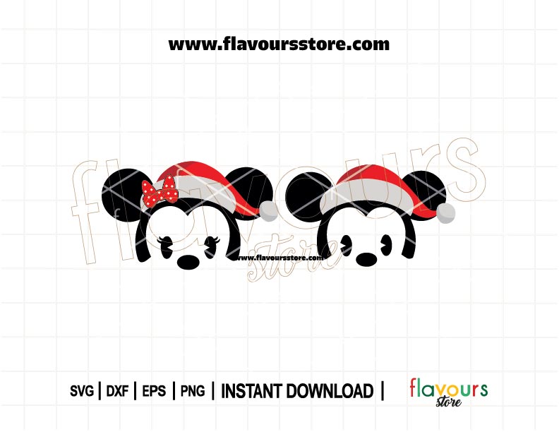 Adorable SVG of Baby Minnie and Mickey wearing Santa hats, perfect for Christmas Cricut and Silhouette crafts like shirts, onesies, and holiday decor