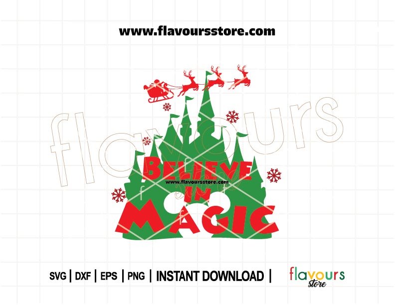 Christmas SVG of a magical fairytale castle with stars and holiday lights, with the phrase "Believe in Magic" in a Disney-inspired style, ideal for Cricut or Silhouette crafting.