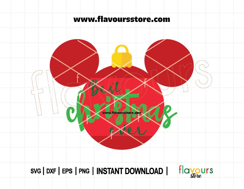 Disney-themed Christmas ornament SVG design featuring a Mickey-shaped bauble with festive details and the phrase “Best Christmas Ever” – ideal for Cricut holiday crafts.