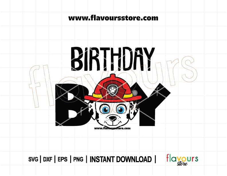 Marshall the fire pup from Paw Patrol in a cute birthday SVG design for Cricut and kids shirt crafts