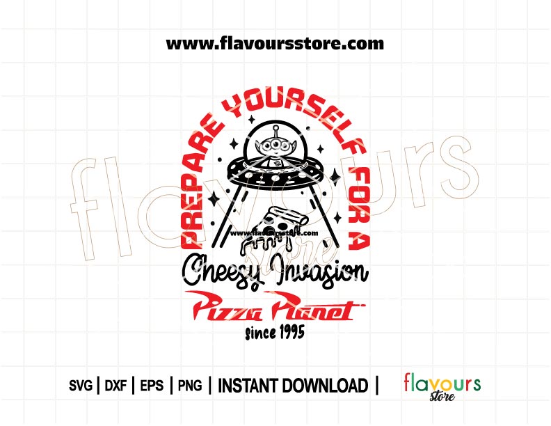 Toy Story-inspired alien abducting dripping pizza SVG cut file for Cricut and Silhouette crafts.