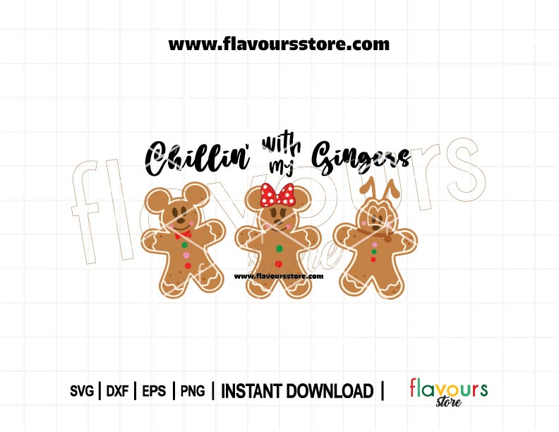 Adorable SVG design featuring gingerbread Mickey, Minnie, and Pluto with the phrase “Chillin’ with My Gingers” — perfect for Disney-themed holiday shirts and crafts.