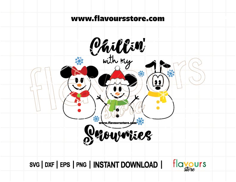Cute Christmas SVG design with snowman versions of Mickey, Minnie, and Pluto, alongside the phrase “Chillin’ with My Snowmies” – perfect for festive Cricut projects.