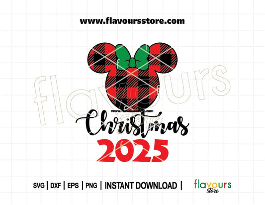 Festive SVG cut file featuring red buffalo plaid Minnie ears with Christmas 2025 text – ideal for cozy holiday crafts, shirts, and Cricut DIY projects.