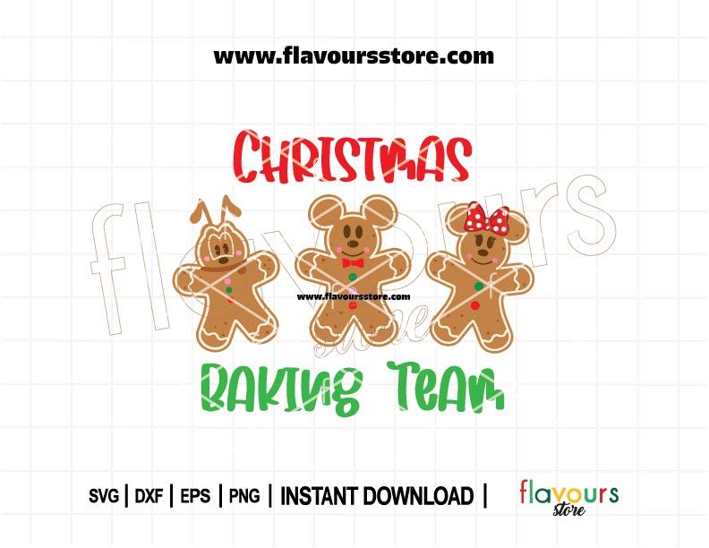 Cute gingerbread Mickey, Minnie, and Pluto with “Christmas Baking Team” text – perfect SVG cut file for holiday shirt designs, aprons, and Cricut projects.