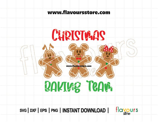 Cute gingerbread Mickey, Minnie, and Pluto with “Christmas Baking Team” text – perfect SVG cut file for holiday shirt designs, aprons, and Cricut projects.