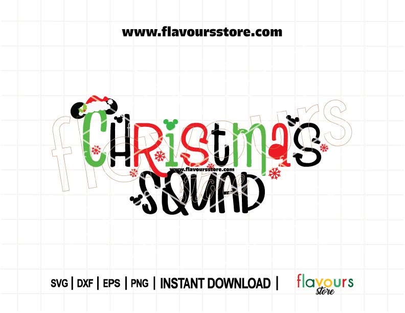 Festive Christmas Squad SVG featuring Mickey ears – perfect for Disney holiday shirts, family matching outfits, and Cricut/Silhouette crafts.
