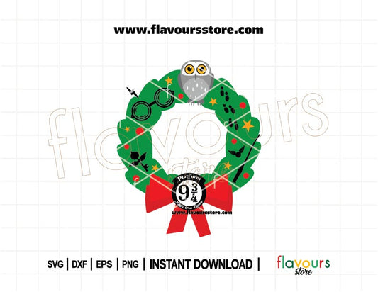 Harry Potter-themed Christmas wreath SVG design with wizard elements for Cricut crafts and holiday decorations