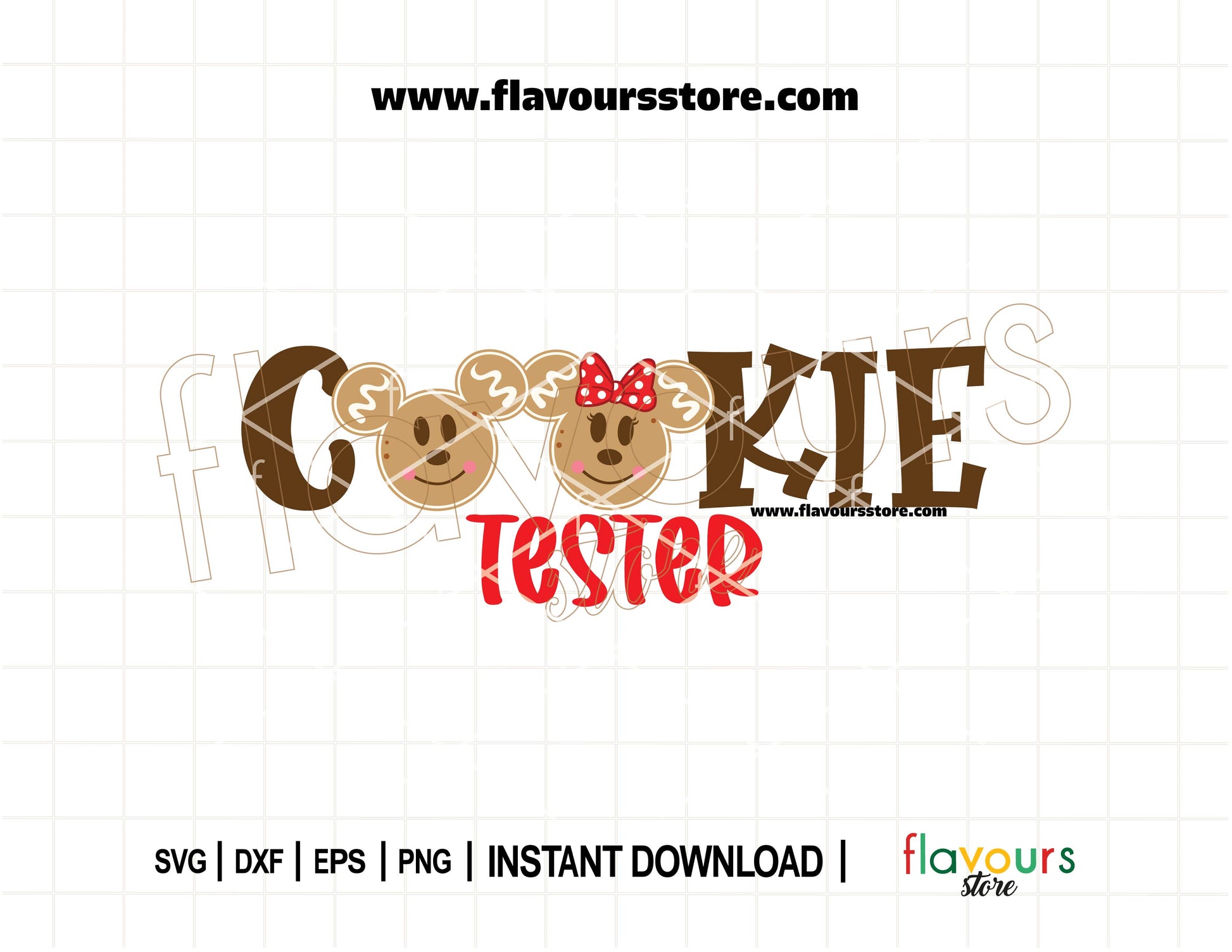 SVG cut file of Mickey and Minnie gingerbread ears with the words "Cookie Tester" in festive Christmas style, designed for Cricut and Silhouette holiday crafts.