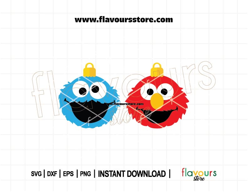 Christmas ornament SVG of Cookie Monster and Elmo wearing Santa hats, designed for Cricut and Silhouette holiday crafts.