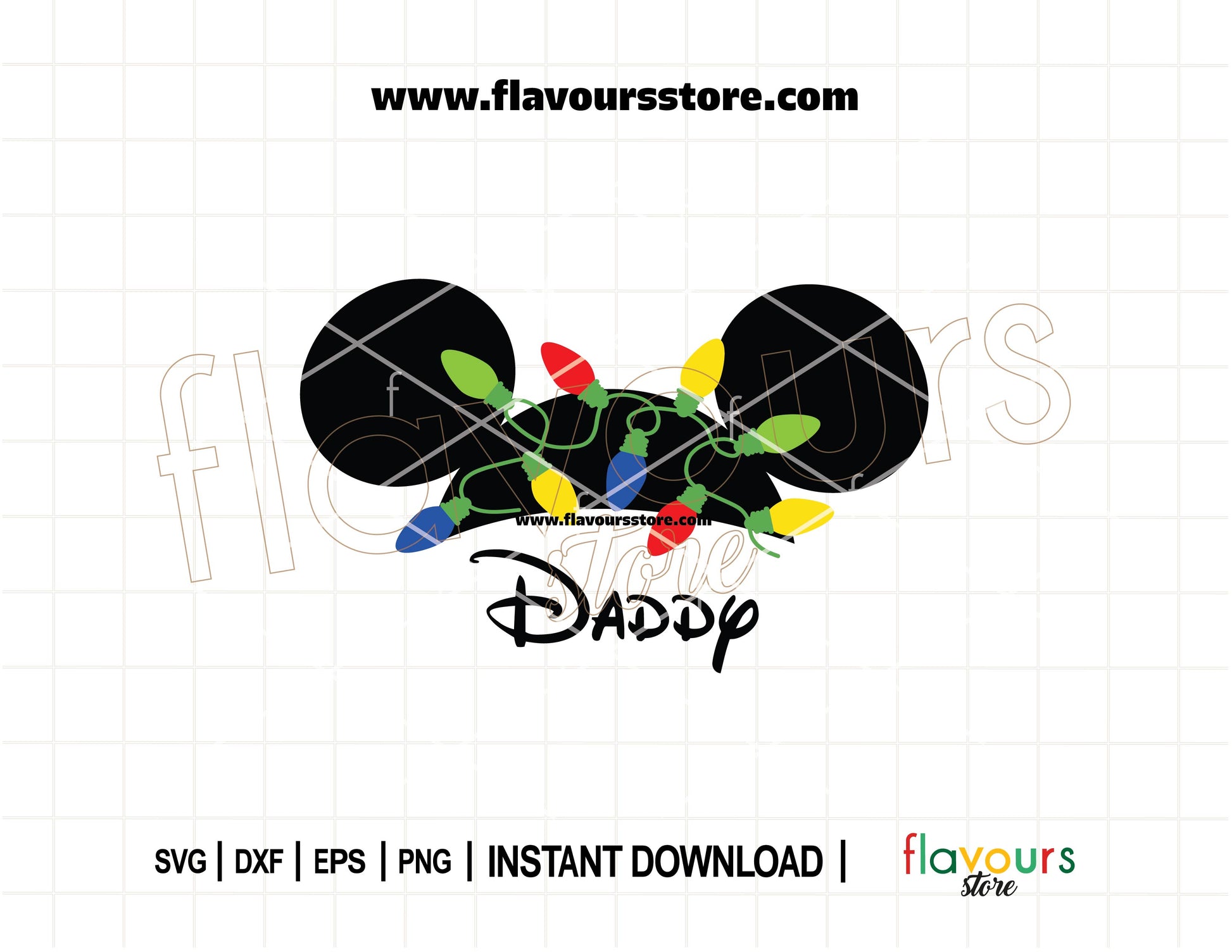 Mickey Ears SVG with “Daddy” text and colorful Christmas lights, perfect for Cricut and Silhouette holiday crafts.