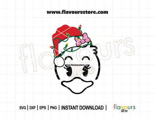 Daisy Duck wearing a Santa hat with colorful Christmas lights, cute holiday SVG for Cricut and Silhouette projects.