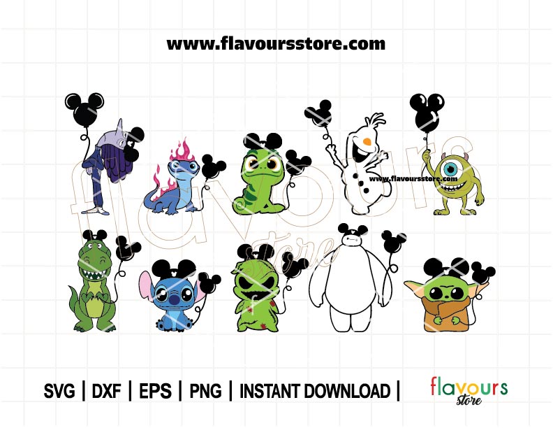 Characters holding a Mouse Balloon Bundle SVG, Stitch Svg, Mouse Balloon Svg, Pascal Svg, Baby Yoda Ears, Baymax Svg, Cut File For Cricut