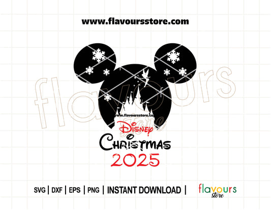 Festive Disney castle decorated for Christmas 2025 with snowflakes and ornaments – SVG cut file for Cricut, Silhouette, and holiday DIY projects.