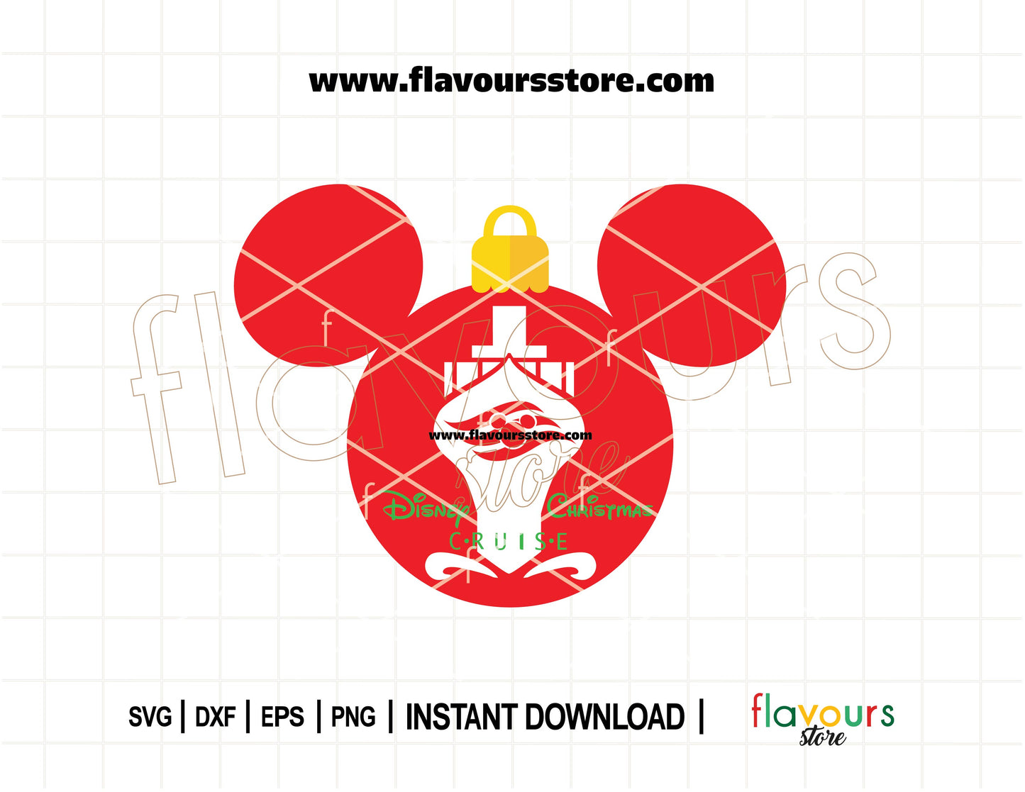 Digital SVG cut file of a Christmas-themed cruise ship shaped like a Mickey Mouse head – designed for Disney holiday ornaments and cruise crafts.