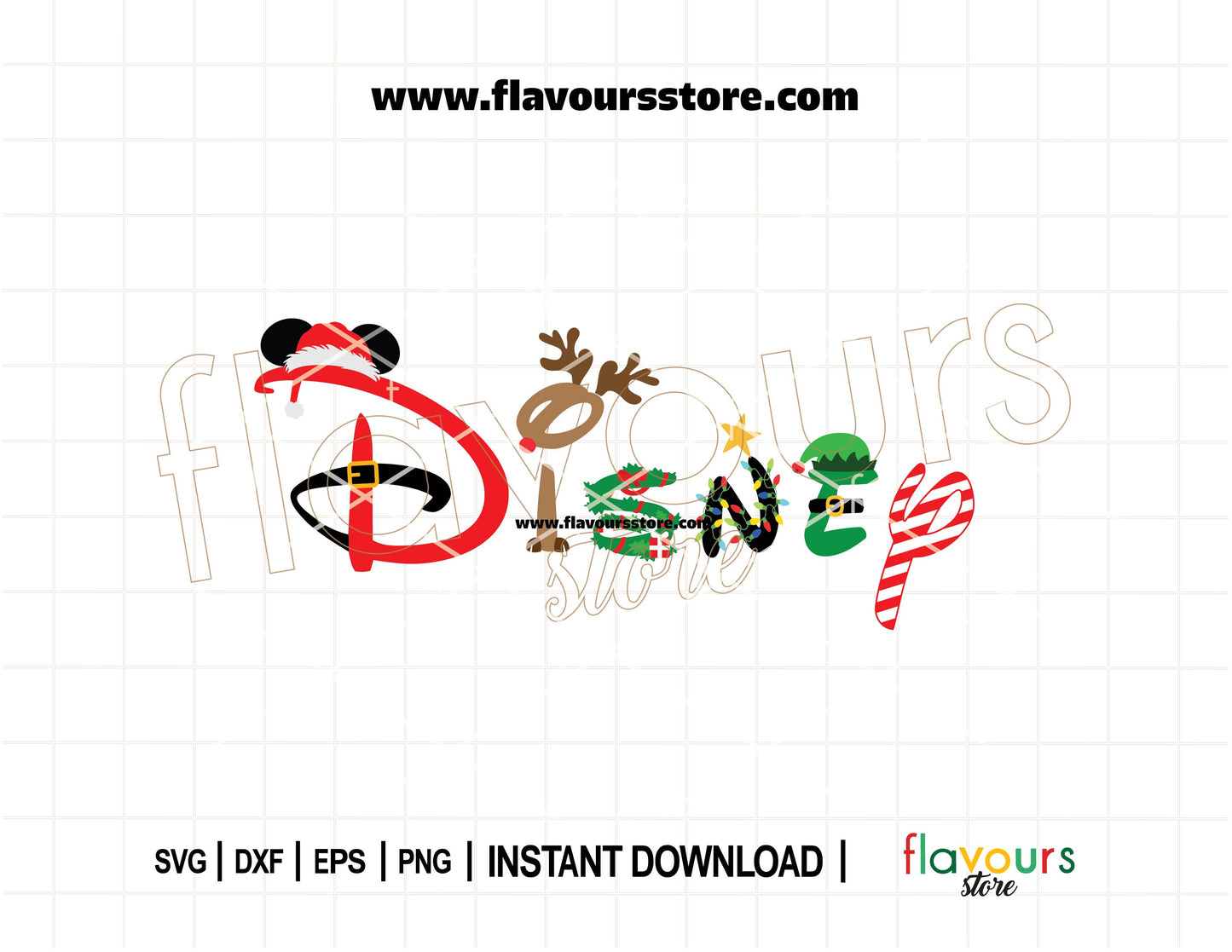 A festive digital SVG file of a Disney-style Christmas logo featuring a reindeer, elf hat, Santa suit, and Christmas tree – for Cricut holiday crafts.