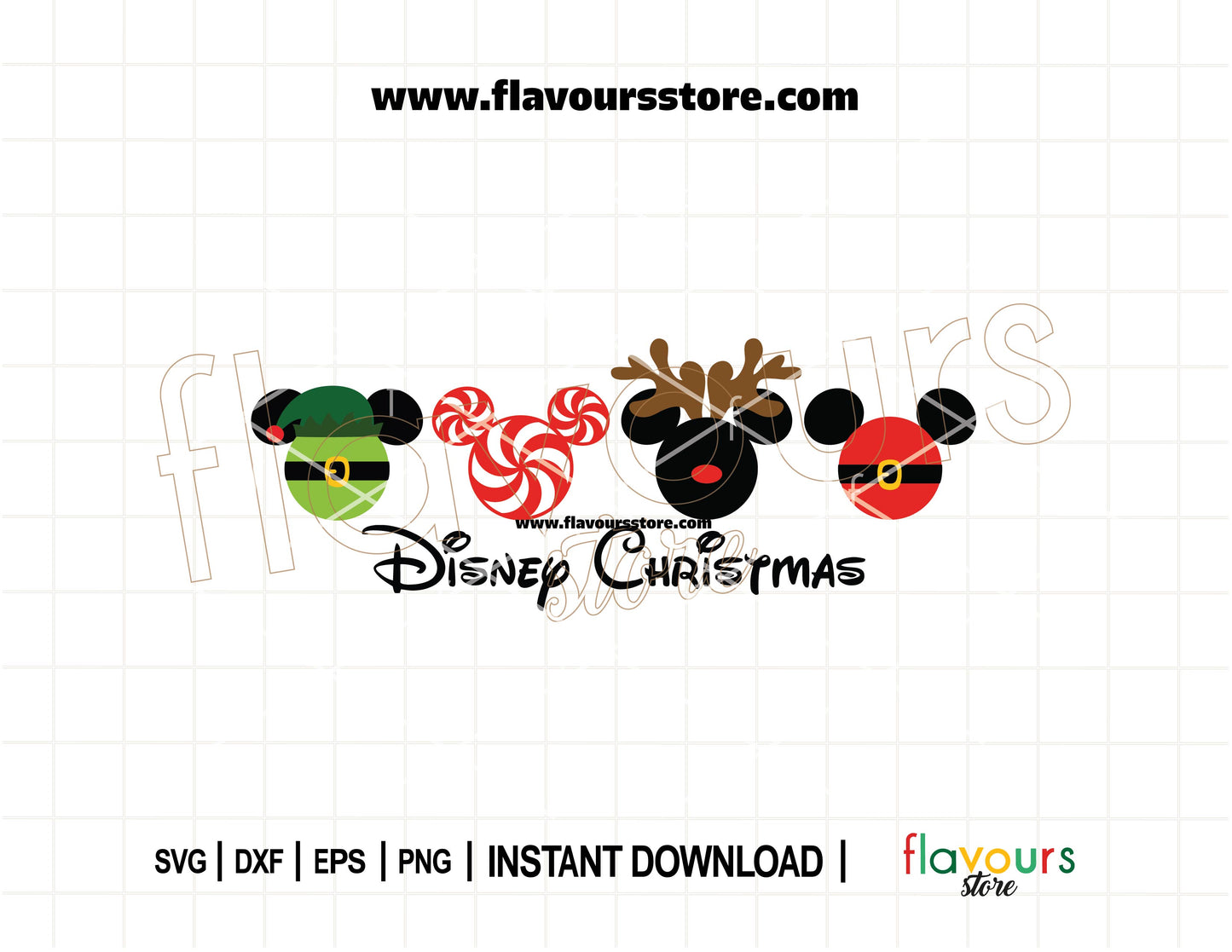 Disney-inspired Christmas SVG bundle with Mickey dressed as an elf, peppermint reindeer, and Santa, perfect for Cricut and Silhouette holiday crafts.