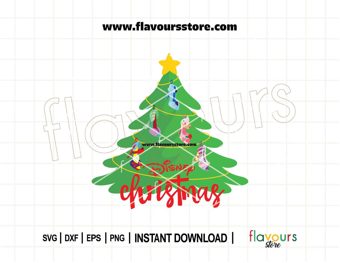 SVG cut file of Disney princess shoe ornaments styled as Christmas tree decorations – perfect for Cricut and Silhouette crafting.