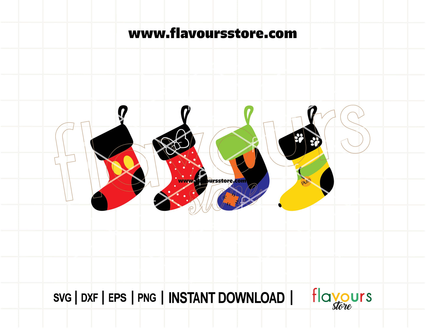Festive Disney Christmas stockings SVG featuring Mickey, Minnie, Goofy, and Pluto – digital cut files for Cricut and Silhouette holiday crafts.