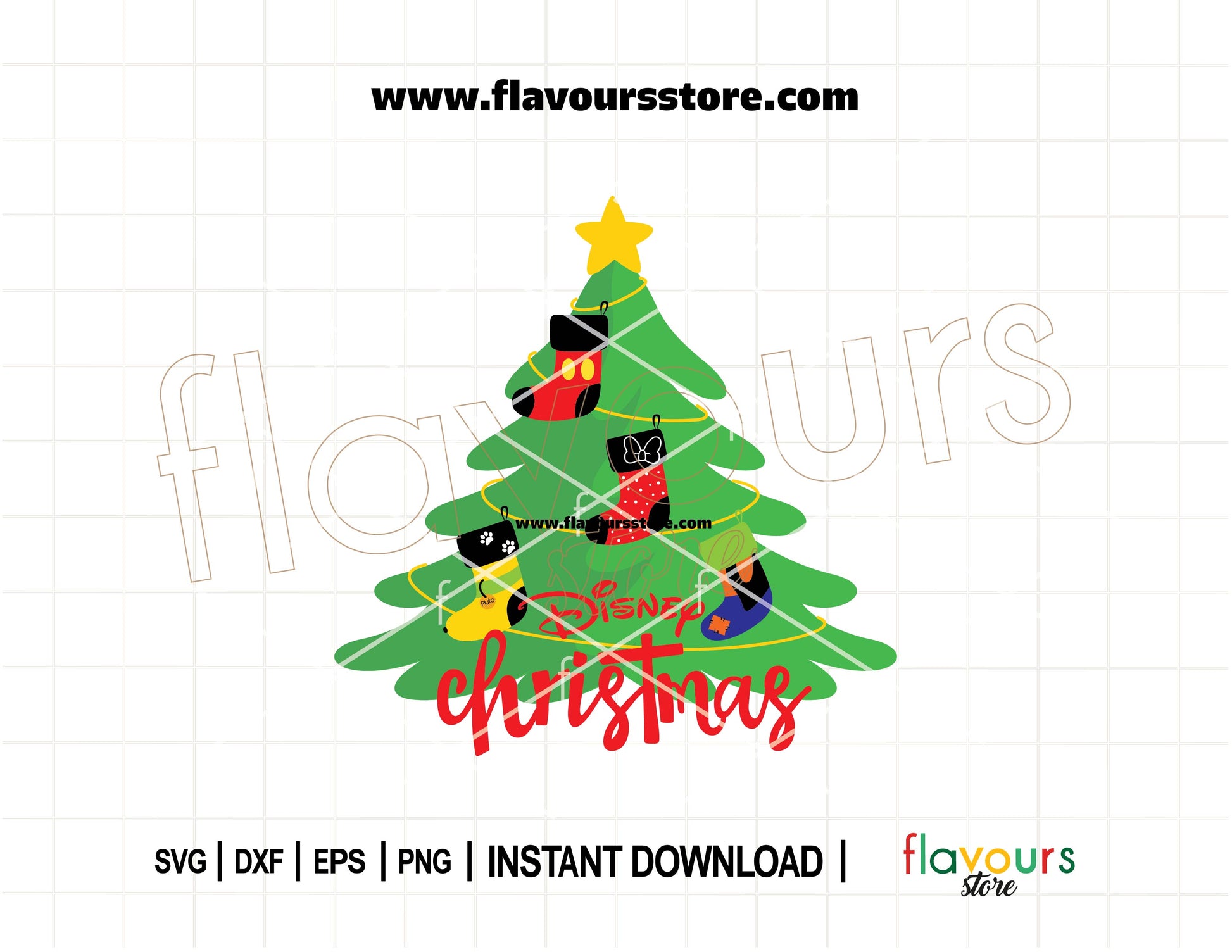 Disney Christmas tree with stockings featuring Mickey, Minnie, Pluto, and Goofy – festive SVG cut file for Cricut holiday projects.