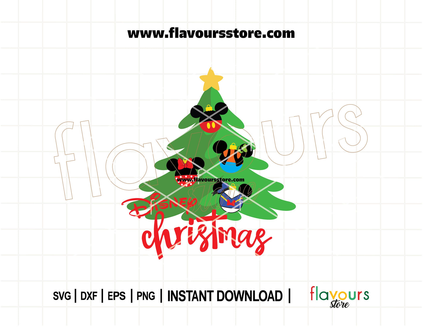 Disney-style Christmas tree SVG featuring Mickey, Minnie, Goofy, and Donald decorated with holiday elements for Cricut and Silhouette users.