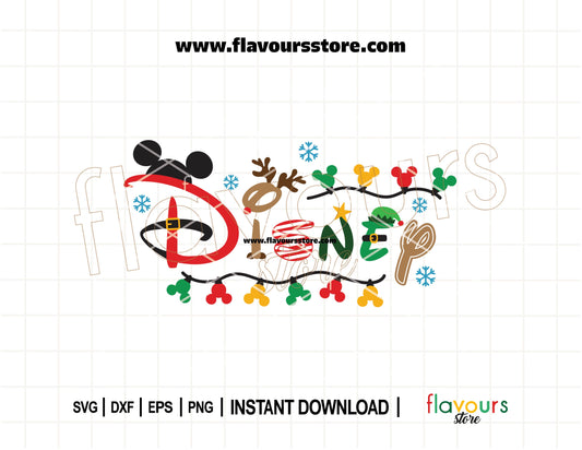 Christmas SVG cut file with Disney-style mouse ears wrapped in lights, elf hat, and reindeer, perfect for Cricut holiday crafts and family shirts.