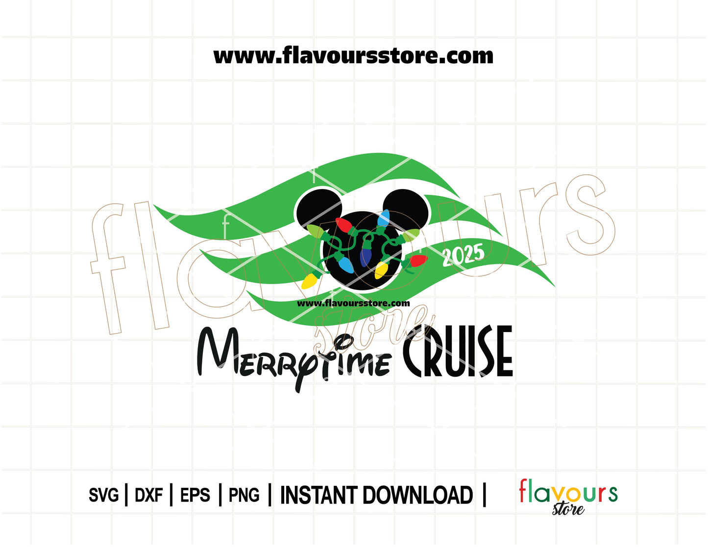 Festive Disney Cruise SVG with Mickey ears, Christmas lights, and a nautical flag – perfect for Cricut holiday crafts and cruise-themed shirts.