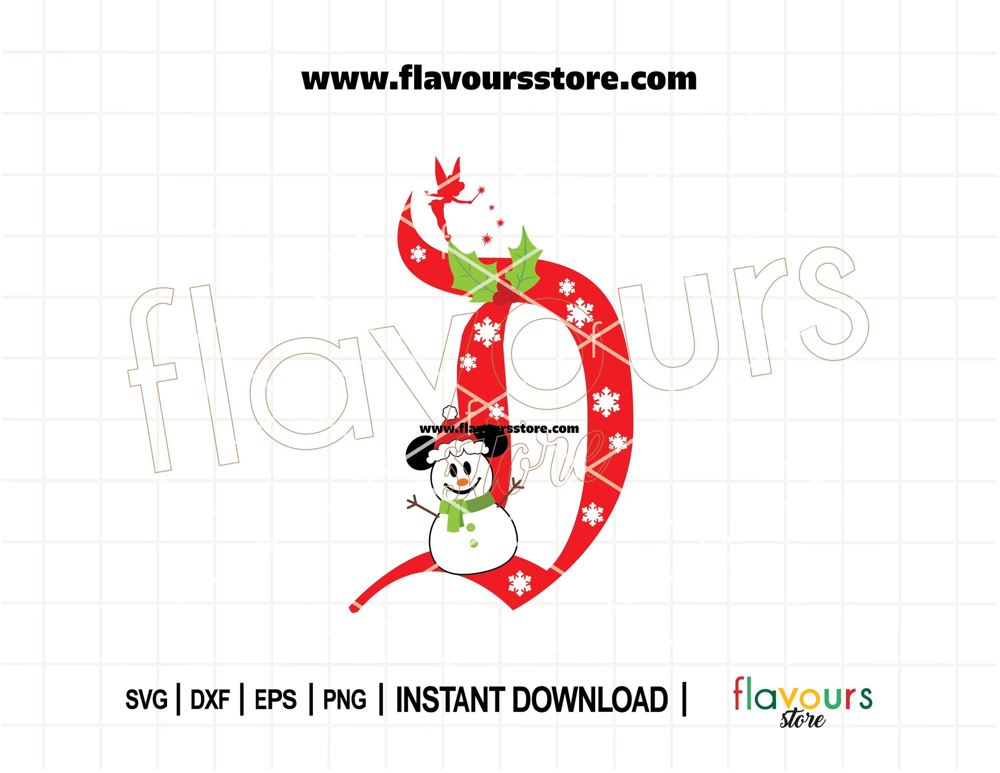 Disney-inspired letter D Christmas SVG featuring Mickey ears, a snowman design, and festive winter elements for Cricut and Silhouette crafts.