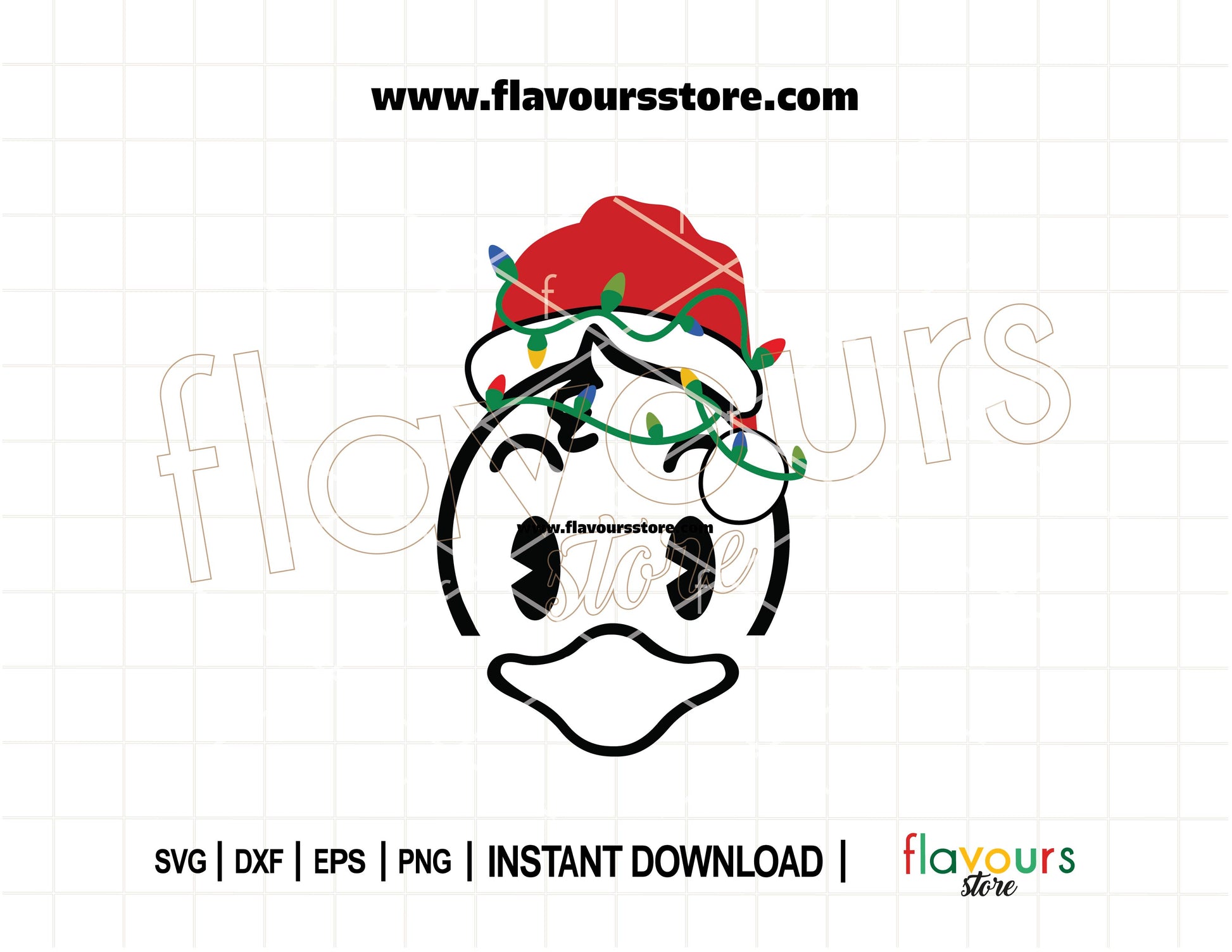 Festive SVG of Donald Duck wearing a Santa hat wrapped in Christmas lights – ideal for holiday crafts, Disney shirts, mugs, and Cricut projects.