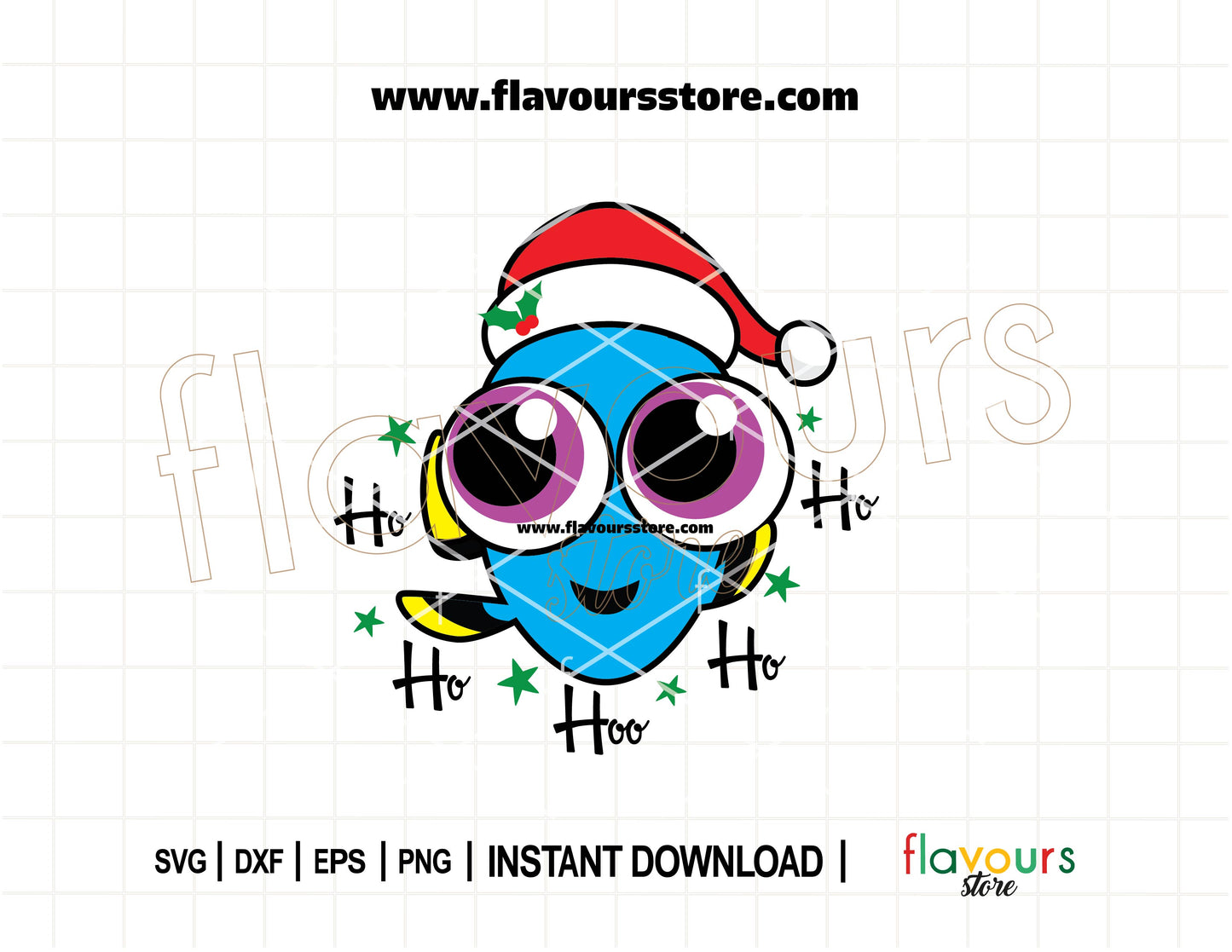 Cartoon SVG of Dory wearing a Santa hat with "Ho Ho Ho" text, perfect for Christmas crafts, Disney holiday shirts, mugs, and Cricut projects.
