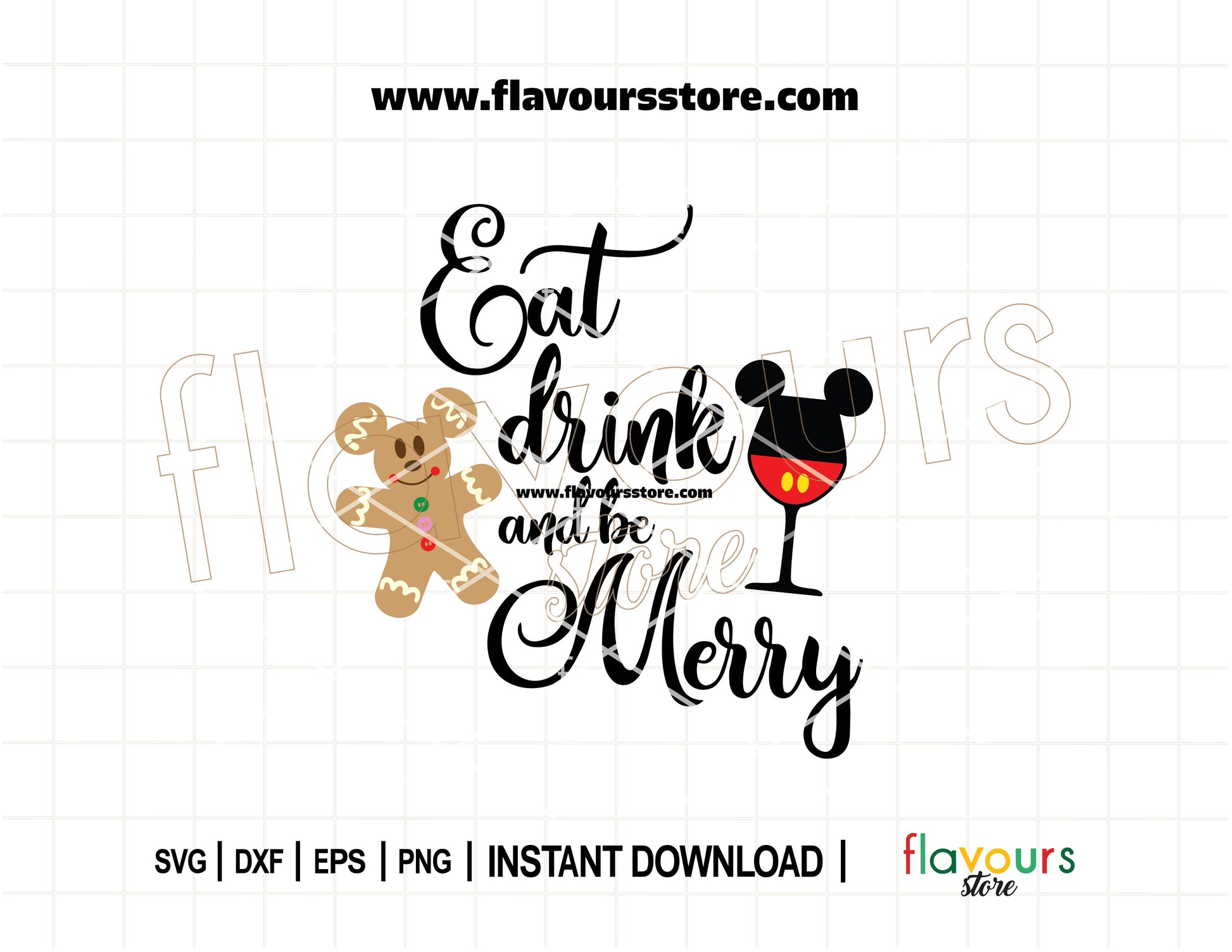 Christmas SVG design featuring Mickey ears, a wine glass, and a gingerbread cookie with the quote “Eat, Drink and Be Merry” – perfect for Disney holiday crafts.