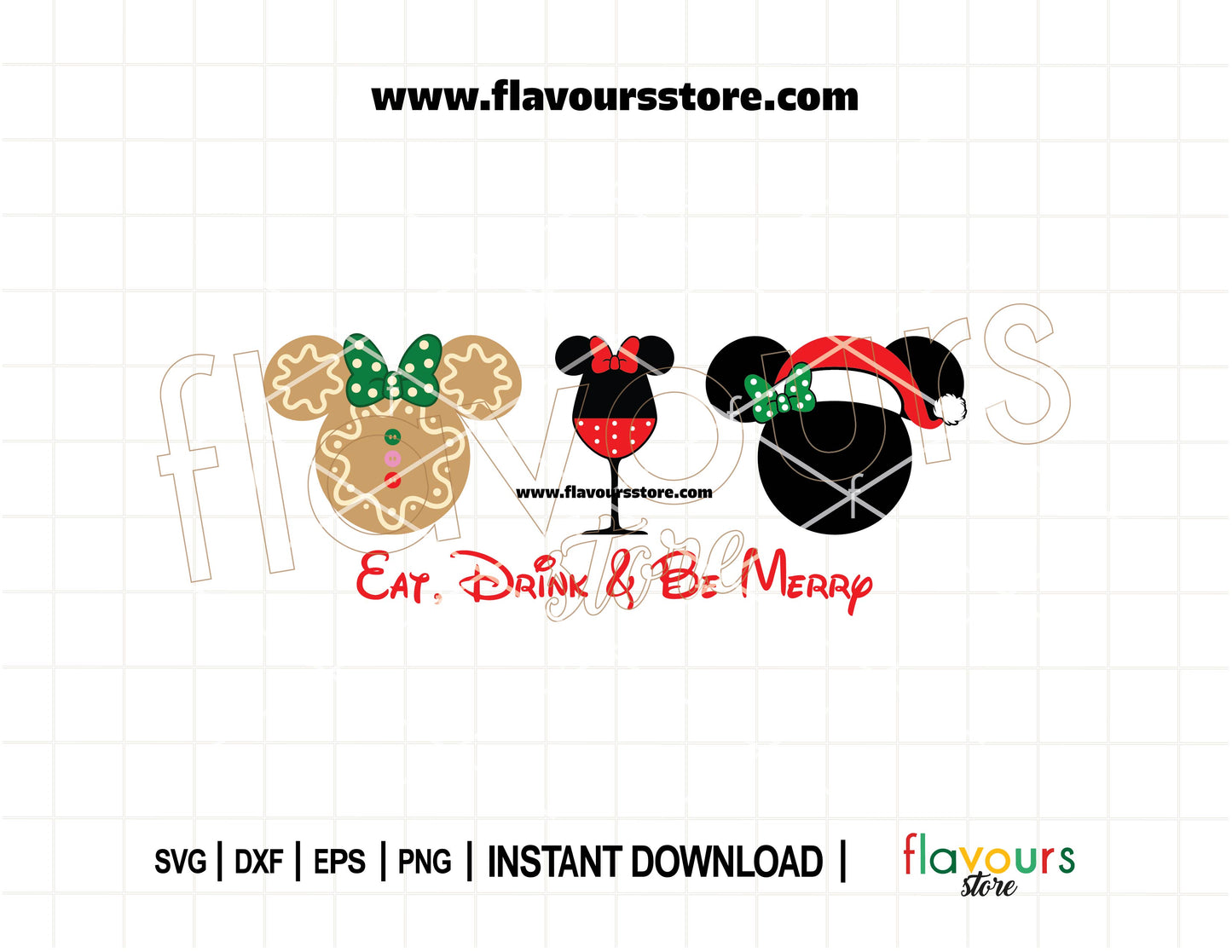 Festive Christmas SVG with the quote "Eat, Drink, and Be Merry" Minnie Mouse ears, perfect for Disney-themed shirts, mugs, and holiday crafts.