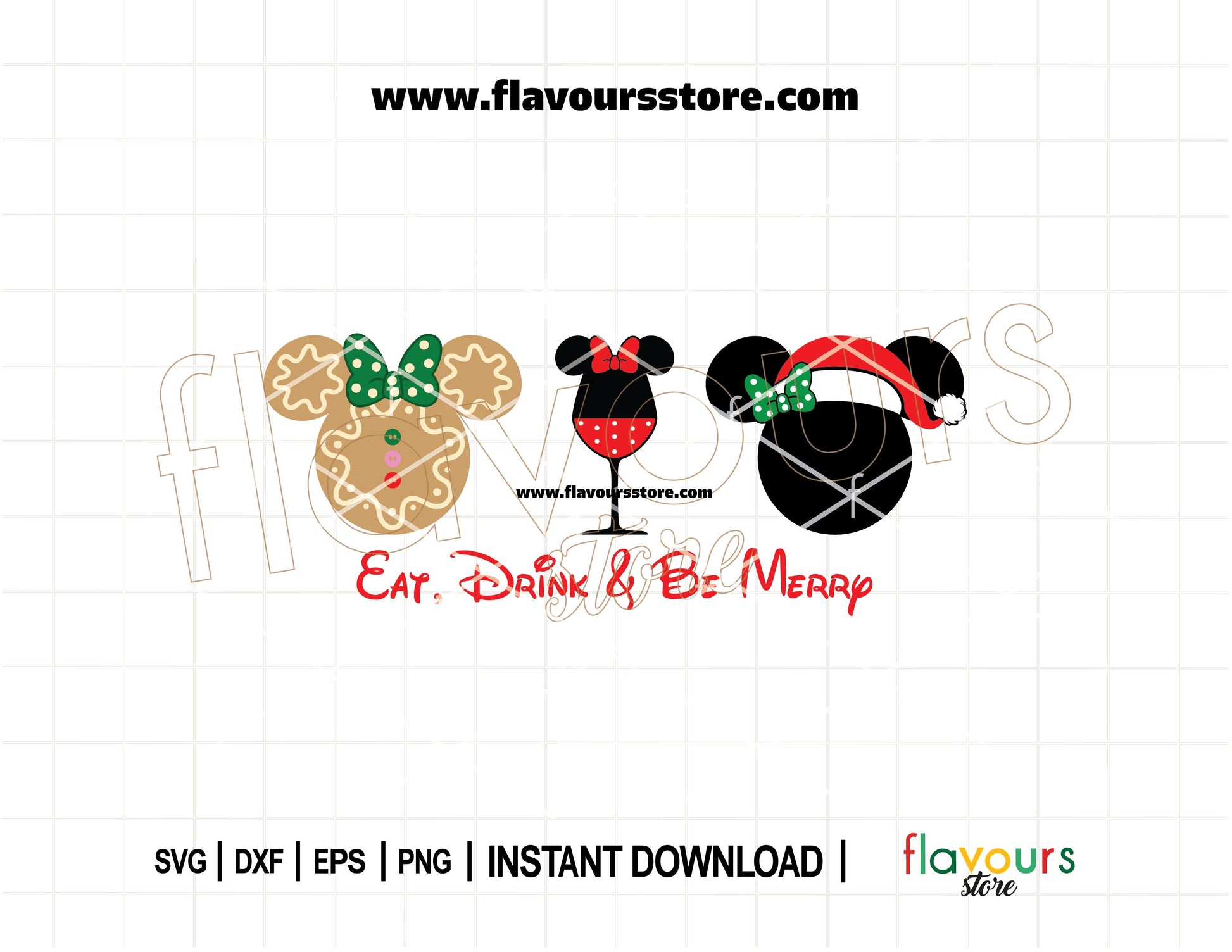 Festive Christmas SVG with the quote "Eat, Drink, and Be Merry" Minnie Mouse ears, perfect for Disney-themed shirts, mugs, and holiday crafts.