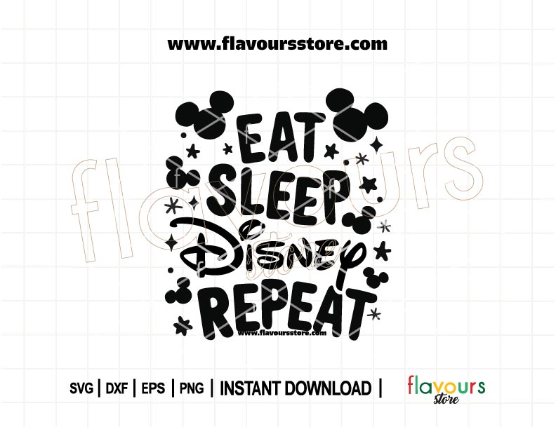 Eat Sleep Disney Repeat SVG with mouse head silhouette for Cricut and Silhouette, ideal for Disney family trip shirts and travel DIY crafts