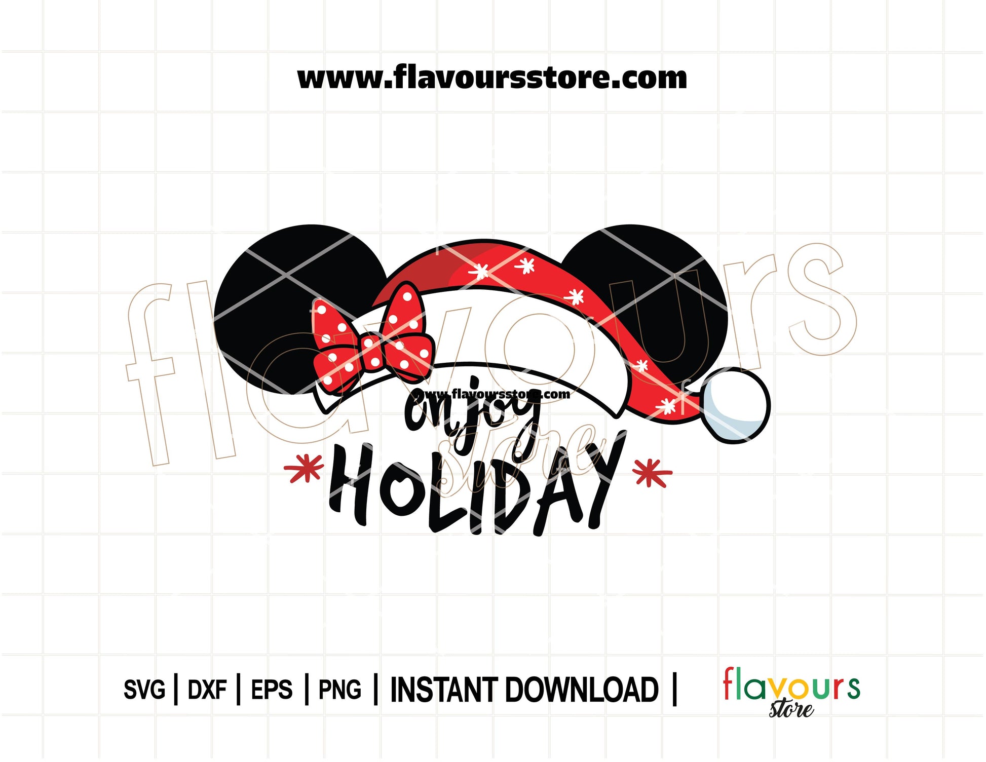 Festive Minnie Mouse ears with a red bow and Santa hat above the phrase “Enjoy the Holidays” – ideal for Christmas crafts and DIY shirts using Cricut.