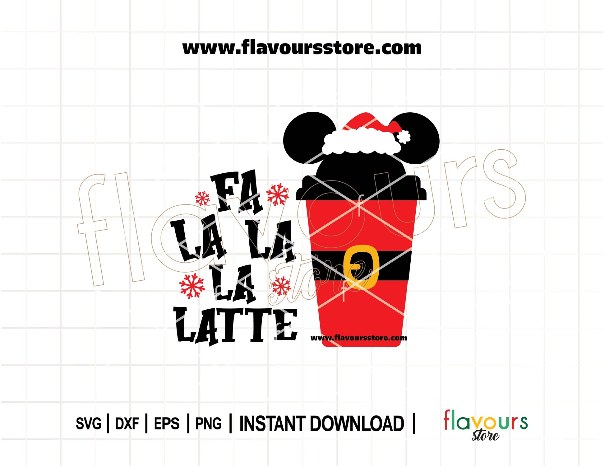 A festive Mickey Mouse coffee cup with santa hat and the phrase “Fa La La La Latte” in Christmas colors – perfect for holiday mug and t-shirt designs.