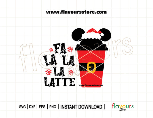 A festive Mickey Mouse coffee cup with santa hat and the phrase “Fa La La La Latte” in Christmas colors – perfect for holiday mug and t-shirt designs.