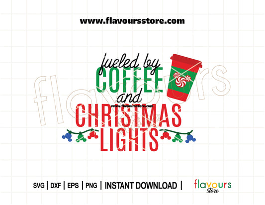 Mickey ears with a Christmas coffee cup and colorful string lights, along with the phrase “Fueled by Coffee and Christmas Lights” in festive holiday colors – great for cozy holiday crafts.