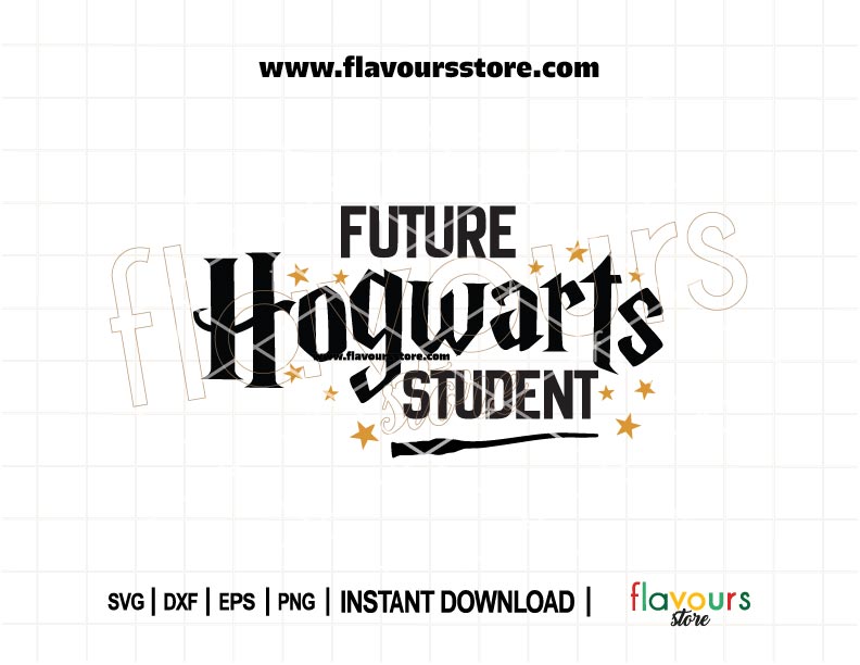 “Future Hogwarts Student” SVG in whimsical font with magical elements, designed for Cricut baby and toddler crafts.