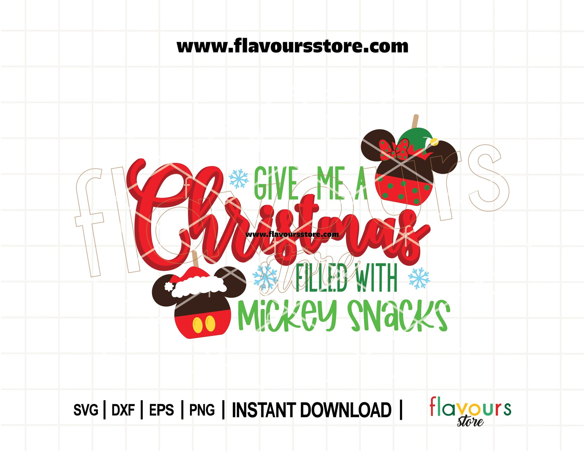 Festive SVG design with Mickey-shaped Christmas snacks like cookies and hot cocoa with the phrase "Give Me a Christmas Filled with Mickey Snacks" in playful typography – perfect for Cricut and Silhouette crafts.