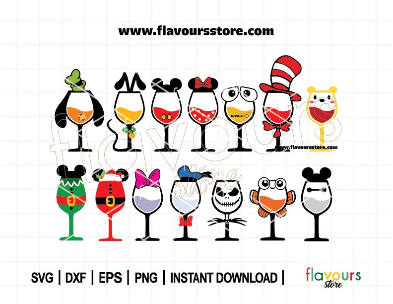 Mouse Wine Glass Bundle SVG, Drinking World, Wine Glasses Bundle, Glass Cup Svg, Cartoon Characters, Wine Clip Art, SVG Cut File For Cricut