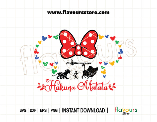 Outline-style Minnie Mouse heads with Christmas bows and "Hakuna Matata" phrase — perfect for DIY Disney holiday crafts using Cricut or Silhouette.